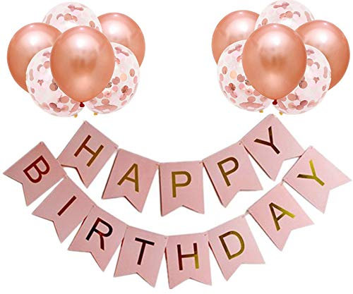 Happy Birthday Banners Rose Gold Birthday Banner Bunting + 12pcs 12” Latex Balloons Girl’s Decorations Supplies for Women