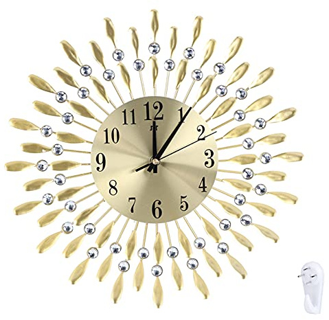 HERCHR 15 Zoll Moderne Wanduhr, Gold Metall Kristall Quarz Wanduhr mit arabischen Ziffern für Wohnzimmer Küche Büro Dekor
