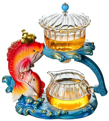 MOZEO Creative Full Semi-automatic Tea Set Glass Lazy Kung Fu Teacup set Heat-resistant Tea Maker Pot Teapot (Fish Teapot)