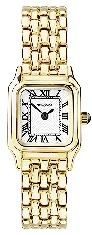 SEKONDA Women's Octagonal Gold Tone White Dial Analogue Watch with Roman Numerals Gold Bracelet 40144, Gold, Bracelet