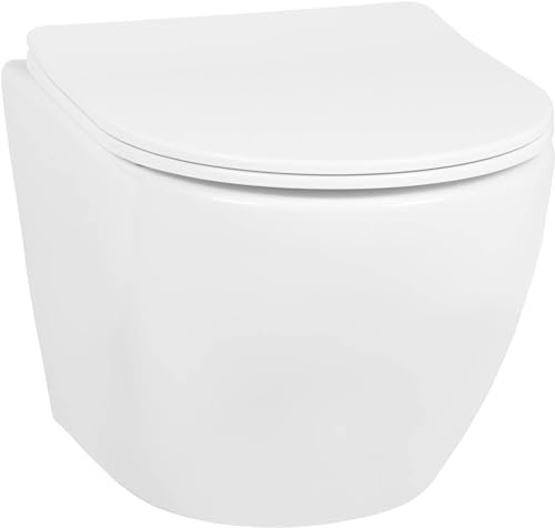 Saqu Please Hänge WC Spülrandlos Toilette - Tiefspül Wand-WC mit Softclose WC-Sitz, Geräuscharm & Hygienisch, Weiß, Kompakt 48,2cm, Ideal für kleine Bäder