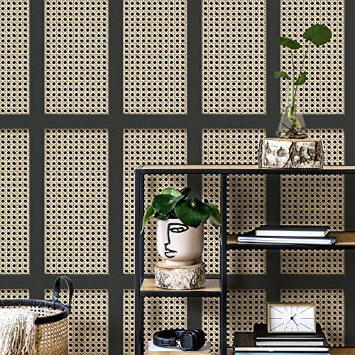 Full Roll Black Cane Wood Panel Wallpaper Wicker Rattan Modern Contemporary