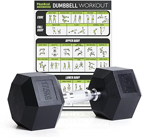 PhysKcal Hex Rubber Dumbbells Hanteluppsättning 17,5 kg, tillverkad av miljövänligt polygummi med låg lukt, perfekt för Renegade Rows, Devil Press, crosstraining