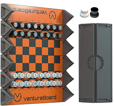 VENTUREBOARD 6 Inches Magnetic Unique Chess Set Board Game - 2 Extra Queens - Folding Board, Portable Travel Chess Board Game Pieces - Orange/Grey