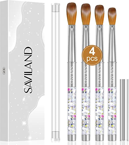 Saviland Pure Kolinsky - Juego de 4 pinceles acrílicos para uñas, tamaño 6/10/12/14, cepillos de uñas de metal con purpurina plateada para polvo acrílico, monómero acrílico, extensión y tallado de