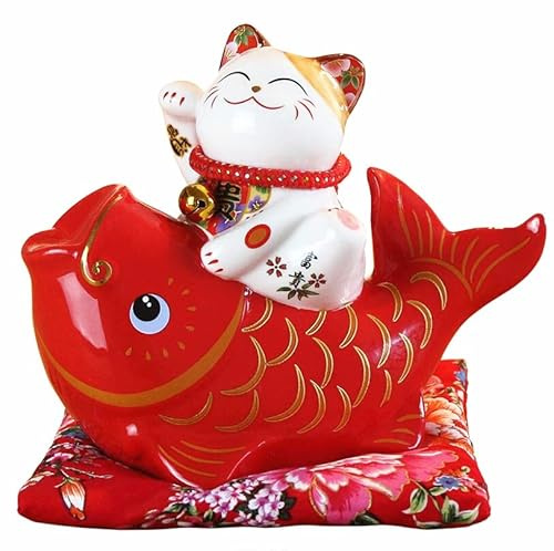 EatingBiting Feng Shui Lucky Fortune Maneki Neko Cat Figurine in ceramica salvadanaio danno gatto e pesce Feng Shui Deoration gatto fortunato per negozi, ristoranti, soggiorno e decorazione della casa