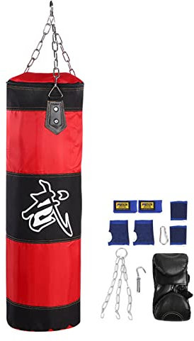 KOSDFOGE Boxen Sandsack, Boxsack Set Für Erwachsene Mit Handschuhen, Schwere Boxsäcke Zum Aufhängen, Boxen Fitness Workout Training Kick Mit Kettenhaken Karabiner Ungefüllt(80CM-rot)