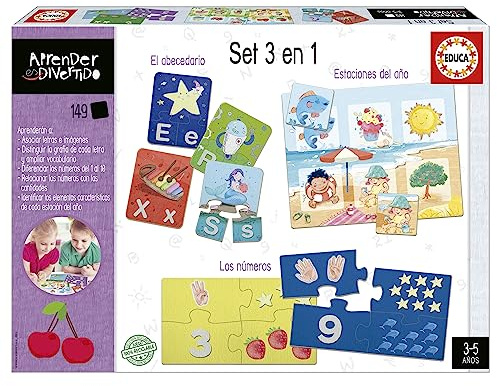 Educa - Set 3 en 1 | Aprender es Divertido. Juego Educativo con Tres temáticas Distintas: abecedario, números y Estaciones del año. Elaborado con Materiales sostenibles. A Partir de 3 años (19814)
