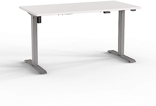 Eigentlich Schreibtisch elektrisch höhenverstellbar von 73,5-123,5 cm, Tischgestell Silber, Kufen rechteckig, Bürotisch ergonomisch, Steh-Sitz-Arbeitsplatz (Weiß, 120 x 80 cm)
