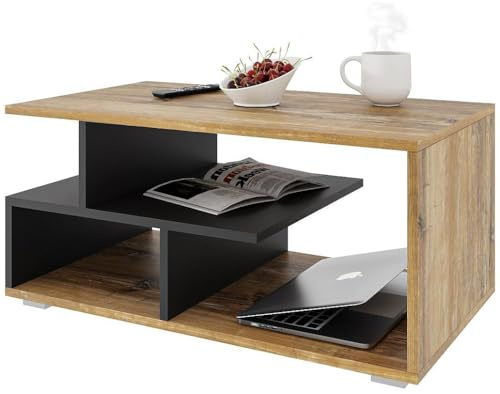 Meble Pitus Couchtisch Retro-Holz/Schwarz – Moderner Wohnzimmertisch 90x50x49 cm mit Stauraum & Ablagefach – Stabiler Sofatisch, pflegeleicht & langlebig