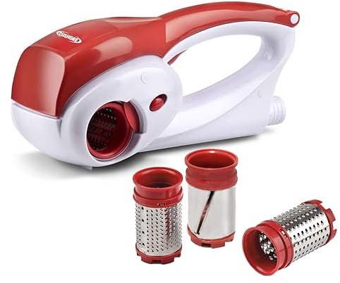 Cushore Electric Hard Cheese Grater, Model CES03D, Red, Stainless Steel, Automatic, Cordless, 3 Interchangeable Blades, Easy to Clean
