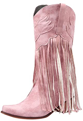 Stivali da Donna Biker Alti Cowboy Boots Anfibi con Tacco Stivali Equitazione Pelle Camoscio Frange Stivali Cowboy Traforati Invernali Stivaletti Stivali Texani Vintage Western