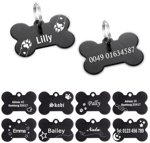 2 Stücke Hundemarke mit Gravur Hundeknochen Adressanhänger Schwarz Hund ID Tag mit Schlüsselring Haustier Adressschild Adressmarke für Hundehalsband