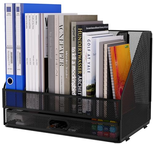 EasyPAG 5 Fächer A4 Metall Büro Schreibtisch Organizer Dokumentenhalter Aktenablage Zeitschriftenhalter Briefablage Papier Magazin Organisator mit Schreibwaren Schublade,Schwarz