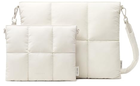 Comfyable Puffy Laptop Sleeve 13 Inch 14 Inch, Quilted Puffer Pillow Case with Strap Compatible for MacBook Air 13”, MacBook Pro 13 Inch 14 Inch M5 M4 M3 M2 M1, Sleeve & Organizer Bundle, Rice