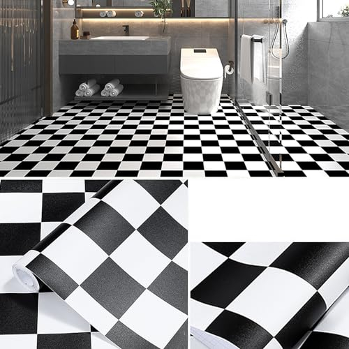 KMQRDZi Adesivo per pavimenti in PVC, 2 m², impermeabile, antiscivolo, per porta d'ingresso, soggiorno, cucina, 0,4 x 5 m, diversi motivi (a quadri, in bianco e nero)