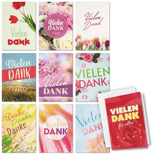 10 Dankeskarten Mix Danke Karte Set - Blumen Fotos 1 - Klappkarten mit Briefumschlägen Dankeschön Danke sagen