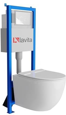 Lavita LAV 101 Vorwandelement für WC 40cm + Wand Hänge Tiefspül WC SINTO Weiß Spülrandlos + Bedienplatte LAV 200.4.1 Weiß + WC Sitz mit Absenkautomatik Unterputz Spülkasten Toilette Komplett Sett WC