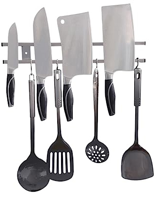 OUNONA Support Magnétique Mural pour Couteaux en Acier Inoxydable avec Double Barre et 6 Crochets, Cuisine et Garage, Rangement Puissant et Pratique