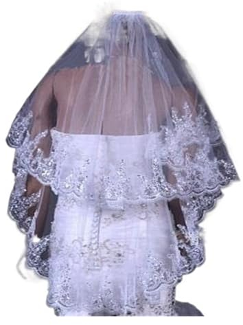 HKYBCF Brautschleier Brautschleier 2-lagige Spitzenapplikationen mit Perlen Strass Brautschleier Brautaccessoires(White)