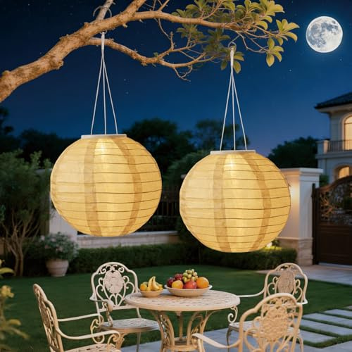 Auting Solar lampions außen, 2 Stück 20cm Solar Led lampions außen wetterfest Nylon Hängende Gartenlaterne, lampions solar outdoor für Garten, Terrasse, Hochzeit, Fest Deko(Warmweiß)