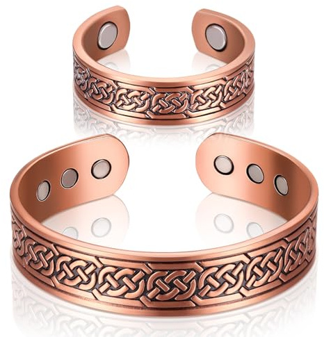 Sinmoe Set de 2 Pulsera y Anillo Magnéticos de Cobre Pulsera Magnética de y Anillo con Imanes para Hombres y Mujeres Brazalete Ajustable de Cobre Macizo(Vintage)
