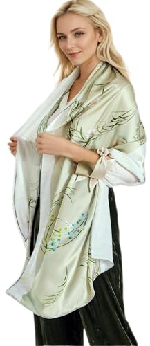 Prettystern Damen XL handrolliert langer Satin Crepe groß Seiden-Schal Stola Floral für Abendmode Grün