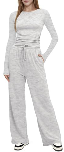 SotRong Women's Fall Two Piece Outfits Full Tracksuits Set Long Sleeve Crop Tops Tee Shirts Wide Leg Pants Matching Lounge Sets Cozy Homewear Sleepwear Nightwear Leisurewear Light Grey L