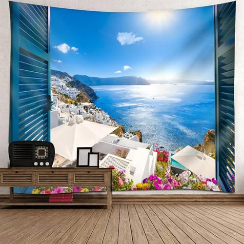 Mesnt Wandteppich Natur Groß, 300x256cm Fenster Küstenlandschaft Wandteppiche für Wohnzimmer Schlafzimmer, Wohnkultur | Blau Weiß