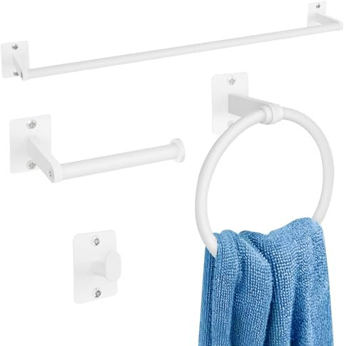 KLJKPA Juego de accesorios de baño, juego de 4 piezas de accesorios de baño blancos, barra de toalla de 24 pulgadas, toalleros para baño, ganchos para toallas, soporte de papel higiénico montado en la