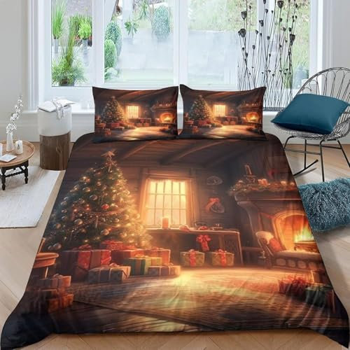 Bettwäsche-Set 3 Teilig Weihnachten 155X200 cm Bedding 3D Bedrucktes Bettbezug-Set Bequem Weich Microfaser Bettwäsche-Set 1 Bettbezug + 2 Kissenbezug - Antiallergisch -912Z626Q282I