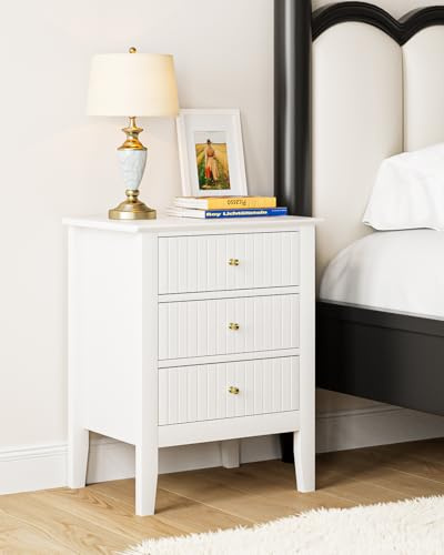 HEYZOEY Bedside Table with 3 Drawers, Vintage Bedside Cabinet, Wooden Side Table with Storage, Retro End Table for Bedroom, Living Room and Home Office(white, 17.8 x 13.3 x 24 in)