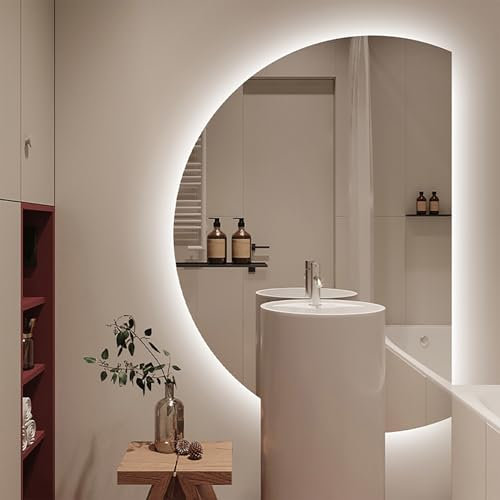 Zhoudong Specchio Bagno Decorativo Senza Cornice 100cm, Specchio da Trucco Illuminato Moderno, Semicerchio Anti-Appannamento Dimmerabile 110cm(Left circle,35in/90cm)