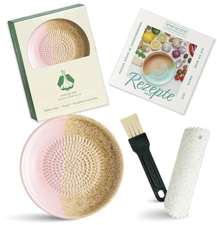 Evergrate® Keramikreibe Flower mit Geschenkbox – mit Reibe, Knoblauchschäler, Rezeptheft & Pinsel – Handgefertigt für Ingwer, Knoblauch & mehr – Spülmaschinenfest & langlebig
