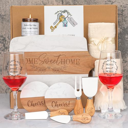Regalos de inauguración de la casa, tabla de queso de madera de mármol y acacia, 4 cuchillos de queso, vela, 2 copas de vino, 2 posavasos, tarjeta de felicitación, regalo para parejas, amigos, nuevos