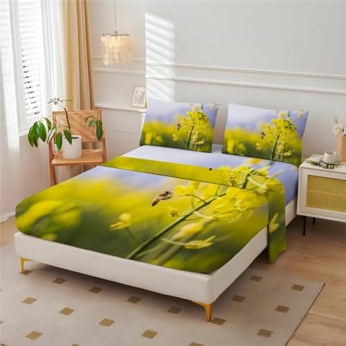 BIAFRA Twin Size 4-Piece Fitted Sheet Set with 14 Deep Pocket, Yellow Bedding with Pillowcases, Rapeseed Flower Design for Kids and Adults