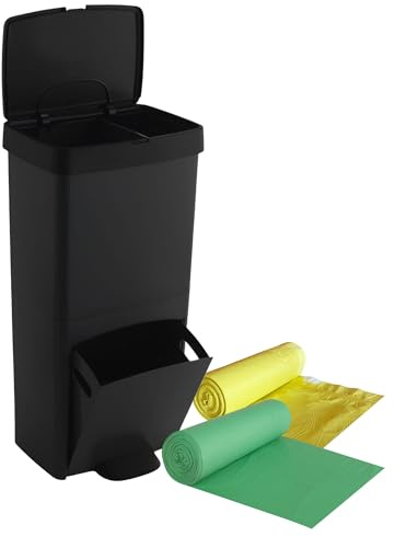 WELL HOME MOBILIARIO & DECORACIÓN Cubo de basura 70L, VERTICAL, 2 compartimentos, papelera residuos, 76 cm, INCLUYE bolsas de basura adaptadas 30+40L, Antracita
