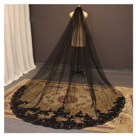 ZYAGH Hochzeitsschleier, Schwarz, Kathedrale, 3 m lang, mit Kamm, glitzernden Pailletten, Spitze, Kopfzubehör für die Braut