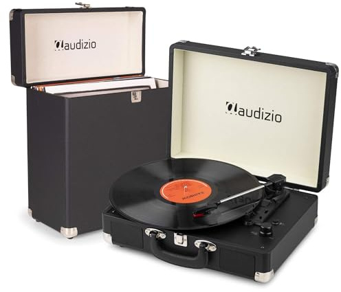 Pack Audizio RP116BK Platine Vinyle Bluetooth in & Out Haut-Parleurs Intégrés 3 Vitesses Noire et Audizio RC32 Valise Vinyle Assortie, Idéal pour Écoute Facile, Coin Musique et Rangement