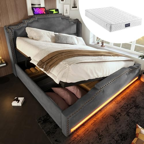 Hydraulischem Polsterbett mit LED-Beleuchtung und USB-C-Ladeanschluss Doppelbett mit Lattenrost Stauraumbetten für Erwachsene Jugendliche Samt Gästebett Grau mit Matratze 140x200 cm