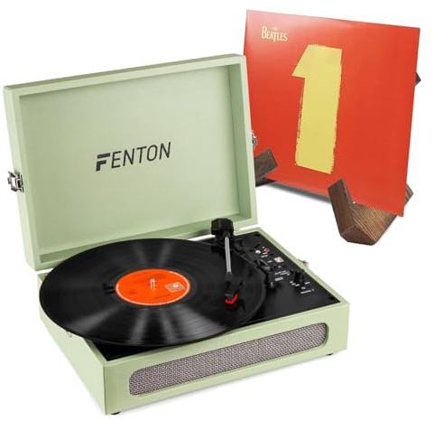 Fenton RP118C Briefcase Bluetooth Vinyl Record Player with Built-in Speakers and Retro Wooden Display Stand, Green, Suitcase Turntable and Vinyl Sleeve Holder Kit