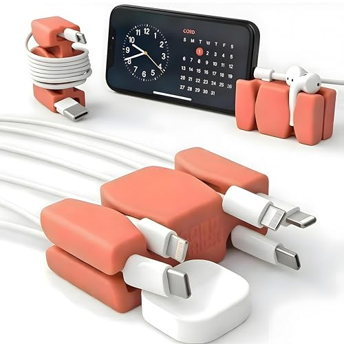CordBrick Stocking Stuffers for Adults Cord Management Weighted Cord Holder Cable Wrap Phone Stand - Multiuse Gadget Organizer for Nightstand, Desk. Gift for Men, Durable Silicone. Coral