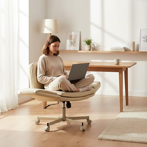 hjh LIVING Home Office Kontorsstol Criss-Cross 10 – Bekväm skräddarstol stol, extra bred sits, fällbara armstöd, ergonomisk och justerbar höjd, beige