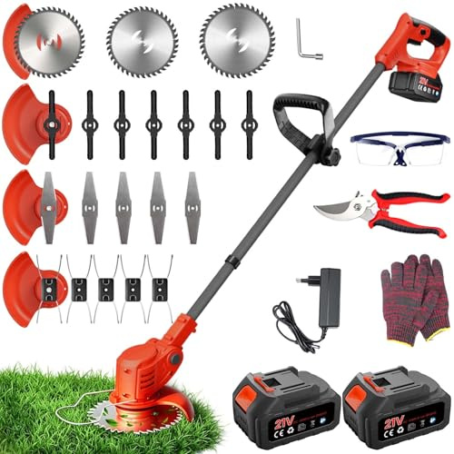 Desbrozadora a Bateria, Cortabordes Electrico 4 en 1, 850W 2 Baterías 4000 mAh, 4 Tipos de Cuchillas con Cabezal Giratorio de 90° para Recortar Fácilmente Rápido Césped y Arbustos