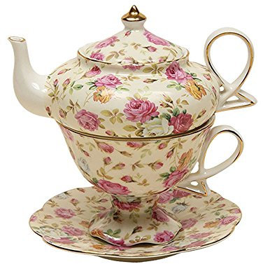 Gracie China by Coastline Imports 4 piezas de té de porcelana para uno, platillo de taza de tetera apilado, crema Cottage Rose Chintz