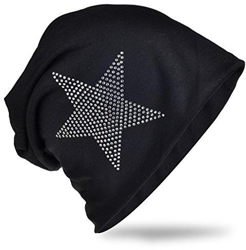 Miobo Jersey slouch beanie lång mössa stjärna med strass applikation unisex enfärgad män kvinnor trend, svart, En Storlek