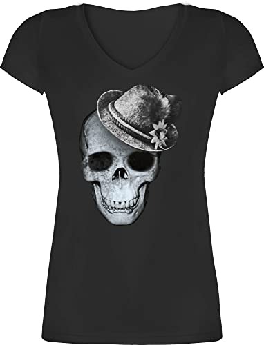 T-Shirt Damen V Ausschnitt - Kompatibel Oktoberfest - Totenkopf mit Filzhut - L - Schwarz - mädchen trachtenshirt Trachten-Tshirt bayrische Skull Tshirt Shirt trachtenshirts bayrisch bayernhut