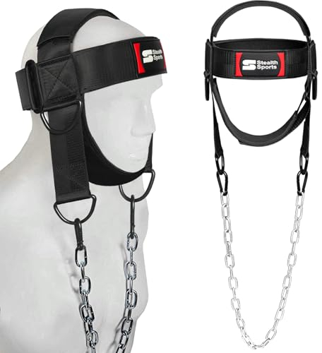 Imbracatura per il collo con catena regolabile da 88 cm - Cinghie per il mento e la testa imbottite in neoprene spesso a 360 gradi per allenamento con i pesi e sollevamento pesi