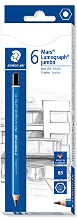 STAEDTLER 100J-6B Jumbo-Bleistifte Mars Lumograph jumbo, Sechskantform, hohe Bruchfestigkeit, hohe Qualität Made in Germany, Härtegrad 6B, 6 Stifte in Kartonfaltschachtel