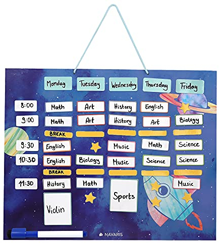 Navaris abwischbarer Wochenplan magnetisch 40 x 32cm - mit 115 Magneten und Stift - Magnettafel Familienplaner Wochenplaner Tafel - Astronautendesign